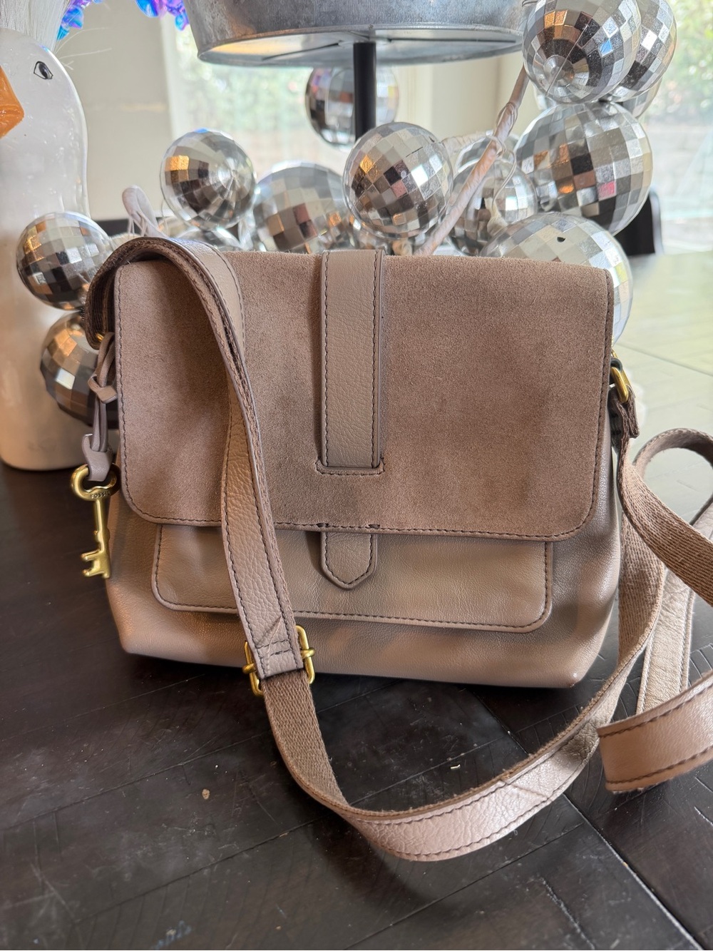 Fossil Kinley Taupe Suede & Leather Crossbody Bag